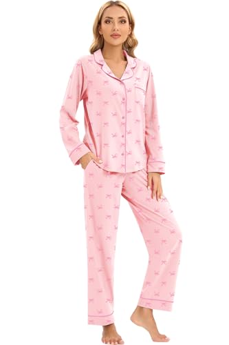 Image of LUBOT 100% Cotton Pajamas for Women Pajama Set 2 Piece PJ Sleepwear Set Soft Ladies Button Knit Long Sleeve Loungewear XS-XXL