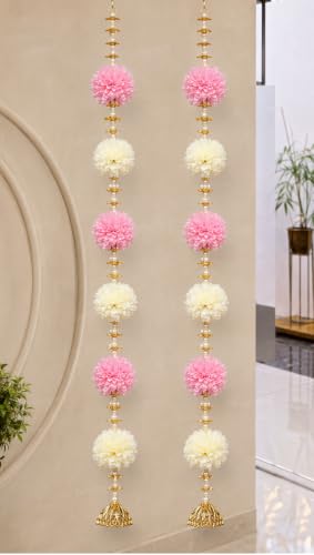 Image of DivyaKosh Floral Hanging Toran for Door & Wall Decor, Pack of 2, 36 Inch, 6 Flower, Pink Ivory, Pearl Beads & Golden Chhatra, Festive Home Decor