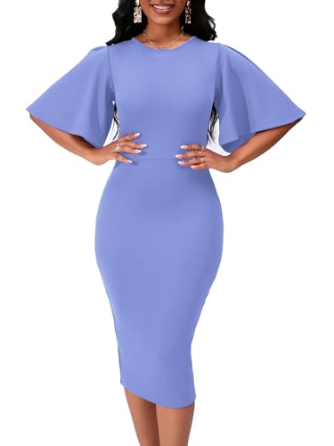 Image of WanMem Womens Basic Bodycon Ruffle Flared Short Sleeve Pencil Midi Dress