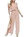 FANCYINN 2 Pieces Summer Outfits for Women Deep V Neck Crop Top Side Slit Drawstring Wide Leg Pants Sets Jumpsuits Pink M