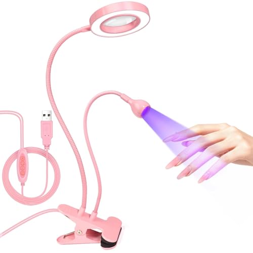 AORAEM LED UV Nail Lamp: Double-Headed Gooseneck Lamp for Gel Nails, LED Flash Cure Light with 6X Magnifier Home DIY Salon, Pink Pink Small