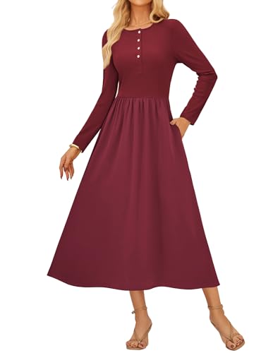 Kleid Damen Langarm Herbst A-Linien Rundhals Strickkleid Damen Lang mit Tasche Business Büro Festliche Kleider WeinRot S