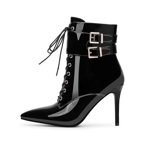 Women's High Stiletto Heel Pointed Toe Ankle Boots Lace Up Buckle Strap Dress Booties2