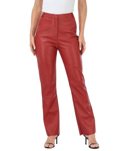 HDE Womens Faux Leather Pants High Waisted Straight Leg Trousers with Pockets Red - S