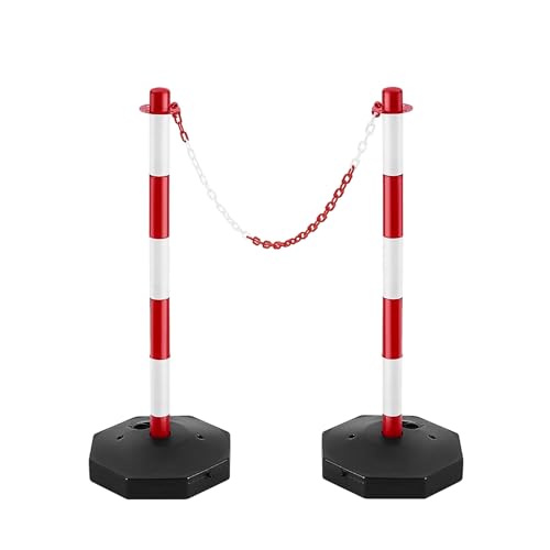 2 Traffic Safety Delineator Posts - Red and White | Height Adjustable Barrier Posts with Fillable Base and 2 Meter Plastic Chain | Portable Indoor Queue & Access Control Poles with S Connectors