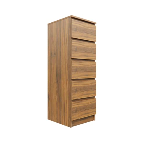 Image of VIKI Dresser with 5 Drawers, Chest of 5 Drawers,Clothes Storage, Organizer Unit for Bedroom, Hallway, Entryway,Easy Pull Drawers, Width 40cms, Brussel Walnut Colour | 1 Year Warranty