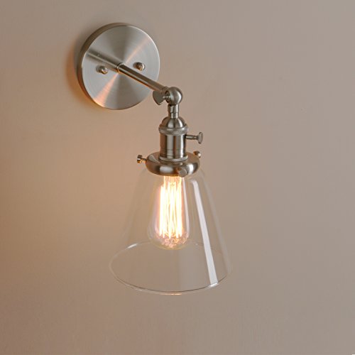 Image of PERMO Industrial Wall Sconce Lighting with On /Off Switch Funnel Flared Clear Glass Hand Blown Shade (Brushed)