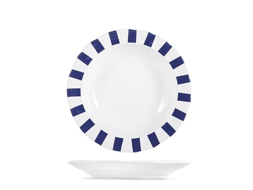 H&H Set 6 Piatti Fondi Zaffiro in Stoneware – Ø 20 cm – Decorazione Righe Bianche e Blu – Lavabili in Lavastoviglie e Utilizzabili in Microonde