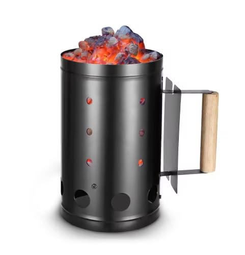 Image of BBQ Charcoal Chimney Starter with Wooden Handle, Quick Fire Starters With Natural Wood, Coal Starter for Barbecue Grill No Lighter Fluid Needed Black Steel