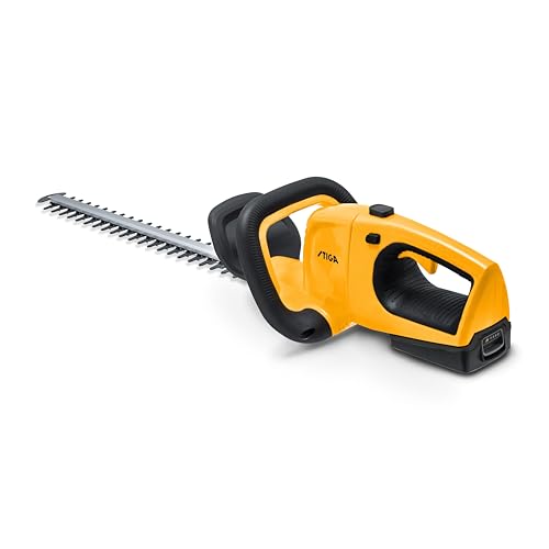Stiga Battery-Powered Hedge Trimmer HT 100e Kit, Double-action blade of 55 cm, Teeth-spacing 18 mm, ePower battery, 20 V (2 Ah), 150 W, and charger included, Yellow/Grey/Black