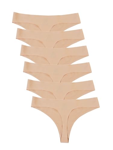 Bolivelan Womens Mid-Rise Seamless Thongs Comfy Underwear G-Strings Panties (Nude,US5)