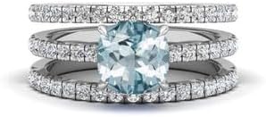 Jewels by Parijaat 2.50 Cttw Round Cut Created Blue Aquamarine and White Diamond Prong Set Wedding Bridal Ring Set with Band In 14K White Gold Over 925 Sterling Silver