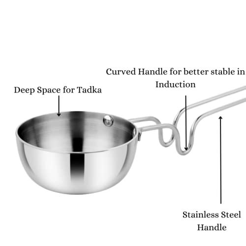 Image of Prabha Tadka Pan Stainless Steel 10cm Tadka Pan 200ml Capacity | Small Tri-Ply Tadka Pans Induction Base | Home & Kitchen TadkaPan With Handle |Chowka Pan Cooking, Frying Dal /Spices Heavy Gauge-Silver