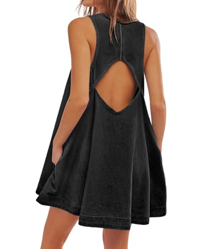 Women's Sleeveless Casual Denim Dress Crewneck Vintage Babydoll Jean Mini Dresses with Pockets