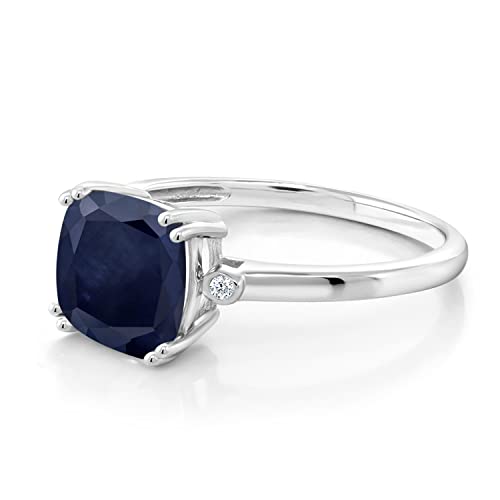 Gem Stone King 10K White Gold 8MM Cushion Gemstone Birthstone and White Diamond 3-Stone Engagement Ring | Three Stone Wedding Anniversary Promise Gold Ring For Women | Size 5,6,7,8,93