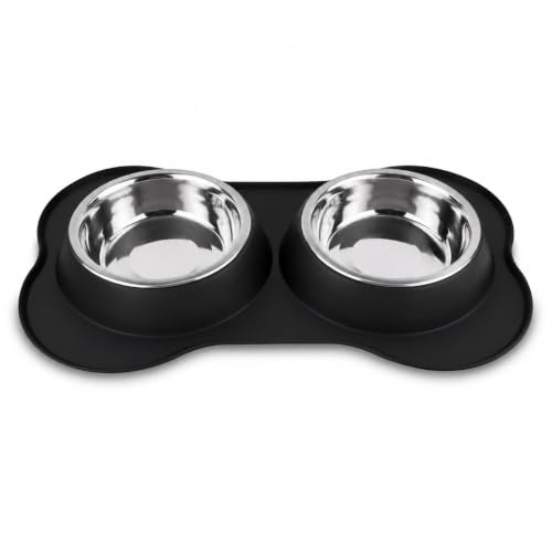Image of Dog Bone Shaped Stainless Steel Pet Bowl Combo with Non-Slip Silicone Base | Double Feeding Bowl for Food and Water for Dogs, Puppies & Cats (700ml Bowl Each)