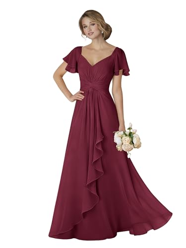 HLEPUN Women's V Neck Short Sleeves Bridesmaid Dresses Long A-Line Ruffle Chiffon Formal Evening Gowns with Pockets Short Sleeves Wedding Guest Dress Mulberry