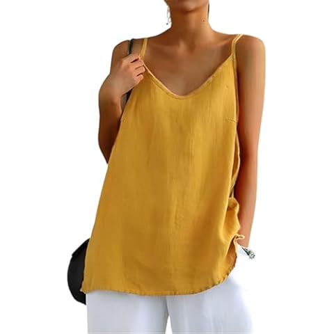 Womens Summer Sleeveless Linen Shirts Causal V-Neck Spaghetti Strap Cami Tank Tops(Y,2XL) Cover