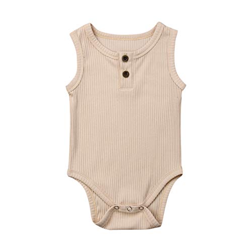 Luckinbaby Newborn Unisex Baby Solid Onesies Basic Plain Rib Stitch Sleeveless Bodysuit Clothes for Infant Boy Girl Beige 0-3M