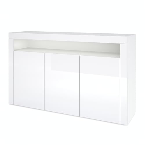 Vladon Buffet Valencia, Commode avec 3 Portes et 1 Compartiment Ouvert, Blanc Mat/Blanc Haute Brillance/Blanc Haute Brillance (155 x 92 x 40 cm)