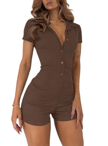 Sofia's Choice Rippstrick Jumpsuit Damen Sommer Kurz Eng mit Knopfleiste Vorne Strampler Mädchen Braun XL