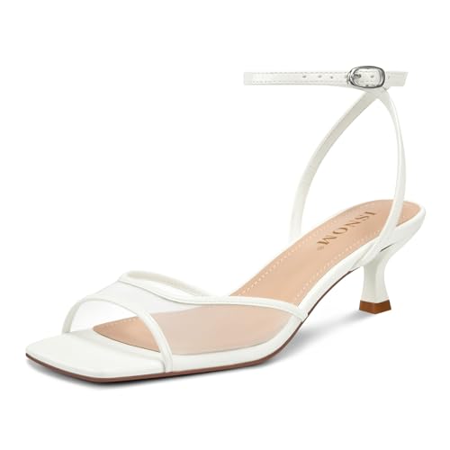 ISNOM Womens Mesh Kitten Heels Sandals Square Toe Ankle Buckle Strap Low Heels Comfort Summer Dress Shoes