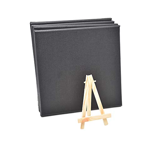 RayLineDo® Set of 4pcs Mini Artist Black Canvas Frame 8x8inch (20x20cm) Oil Water Painting Board Flat Canvas with 1pc Mini Wood Display Easel