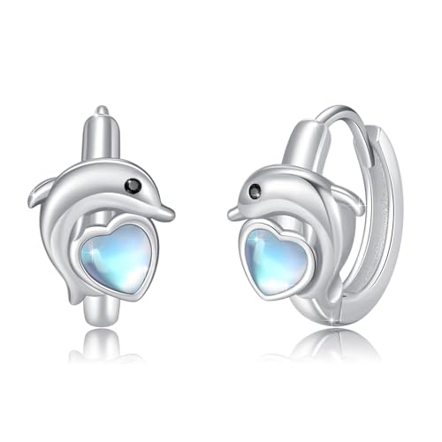 REDSUN Boucles d'oreilles créoles dauphin pour fille en argent sterling 925 avec pierre de lune mignonne - Bijou dauphin - Cadeau d'anniversaire pour fille,...