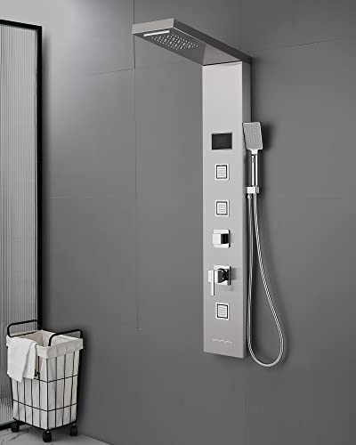 Rovogo Led Rainfall Waterfall Shower Panel With 3 Body Jets, Handheld And Tub Spout, No Battery Needed Led Shower Tower With Temperature Display, Stainless Steel Brushed #TOP6