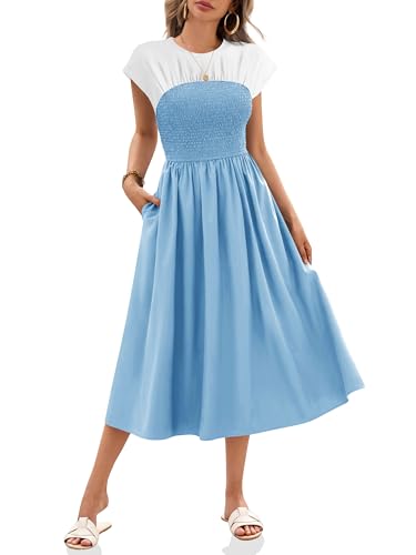 Wenrine Sommerkleid Damen Kurzarm Kleider Lang A-Linie Casual Maxikleid mit Taschen, Blau, M