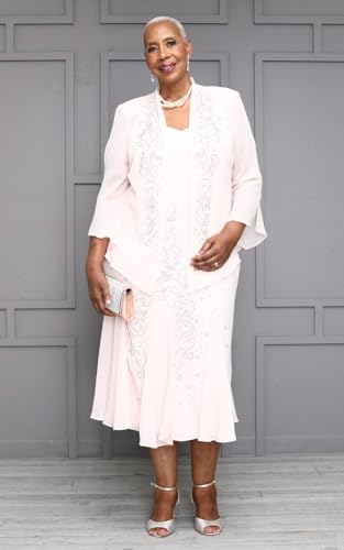 Image of Elegant Beaded Pebble Georgette Mid-Calf Slip Dress W /Matching 3 /4 Sleeve Jacket - Two-Piece Set for Formal Events