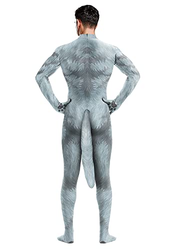 Image of Animal Full Bodysuit for Men Muscle Spandex Jumpsuit Furry Costume with Big Tail for Adult Cosplay Halloween Party