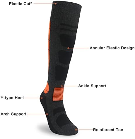 Merino Wool Knee High Thermal Ski Socks for Women Men 4-9, Mens Womens Long Thick Winter Warm Black Football Sports Socks Anti Blister Cushioned Snowboarding Mountaineering Hiking Boot Socks 2 Pairs