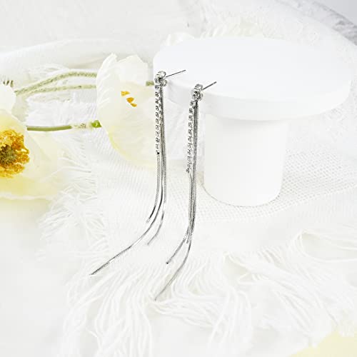 925 Sterling Silver Cz Long Dangle Chain Earrings Silver Tassel Earrings With Snake Chain Backs Silver Dangle Earrings For Women Trendy Fashion #TOP5