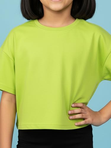 Image of KiddoPanti Girls 100% Cotton Solid Drop Shoulder Half Sleeve Round Neck Crop Tee