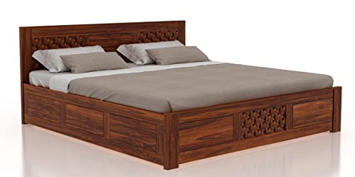 Image of Ganpati Arts Solid Sheesham Wood King Size Raj Bed with Box Storage for Home Wooden Double Beds for Living Room Bedroom (Natural Finish) 1 Year Warranty