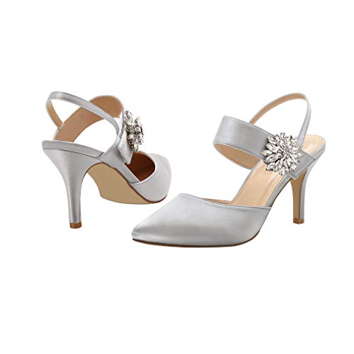 Image of ERIJUNOR Mid Heel Shoes for Women Pointed Toe Slingback Rhinestone Brooch Satin Dress Pumps Evening Prom Wedding Shoes