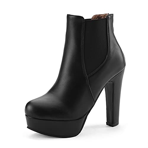 VOKLIN Women's Chunky Block High Heel Ankle Boots Round Toe Zipper Elastic Side Panel Dressy Short Booties