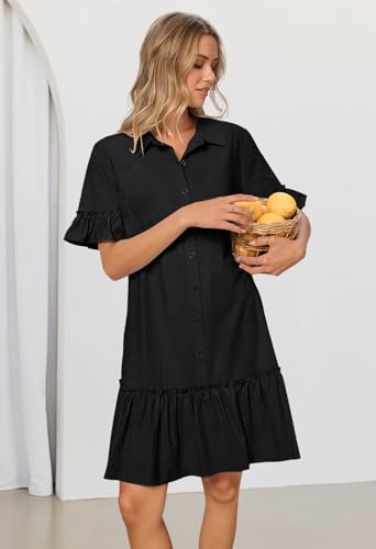 MEROKEETY Women's Summer Button Down Shirt Dress Casual Ruffle Sleeve Shift Mini Dresses with Pockets2