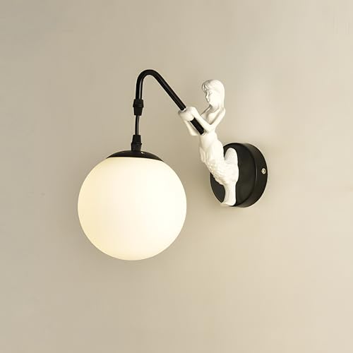 Image of Bofea-Modern Wall Sconces Mermaid Wall Light Fixtures Globe Bathroom Vanity Sconce Vintage Sconces Lighting with Milk Glass Shade & Resin Body Black Vintage Sconce for Hallway Foyer Lighting