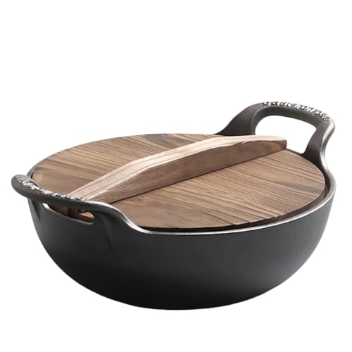 Wok de hierro fundido con asas y tapa de madera 20 cm