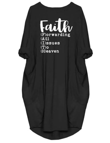 Image of Women's Faith Forwarding Letters Printed T-Shirt Causal Loose Dresses with Pockets