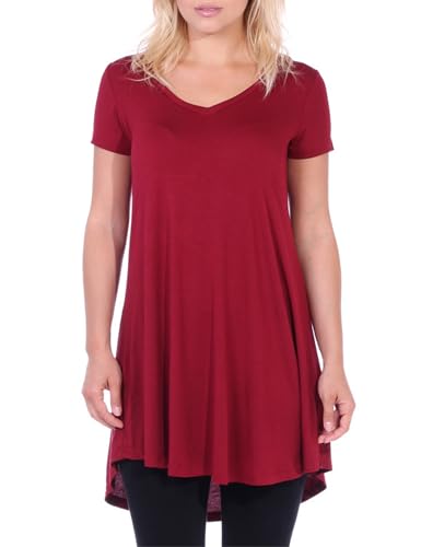 Popana Short Sleeve Tunic Tops for Women, Flowy Stretch Loose Fit Short Sleeve Tunic Tops for Leggings Burgundy