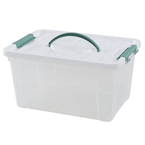 Pekky 1 Pack Plastic Small Latch Storage Box, 14 Quart Clear Lidded Storage Bin with Green Handle