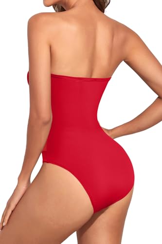Image of Holipick Women Strapless Bandeau One Piece Swimsuits Sexy Mesh Cutout Bathing Suits Tummy Control Swimwear