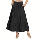 BSBUY Falda de Mujer, Faldas Largo para Mujer Cintura Elástica, Falda Larga Acampanada para Mujer con bolsillos, Elegante, Casual, Playa, Negro-L
