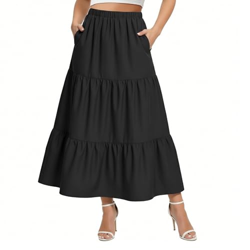 Image of BSBUY Women Skirts Elastic High Waist Maxi Skirts 2 in 1 Summer Pleated Long Skirts A Line Tiered Maxi Skirt Ladies Beach Maxi Skirt(Black-XL)