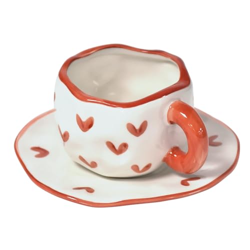 Image of Koythin 10oz Irregular Ceramic Mug With Saucer, Red Heart Latte Tea Cup