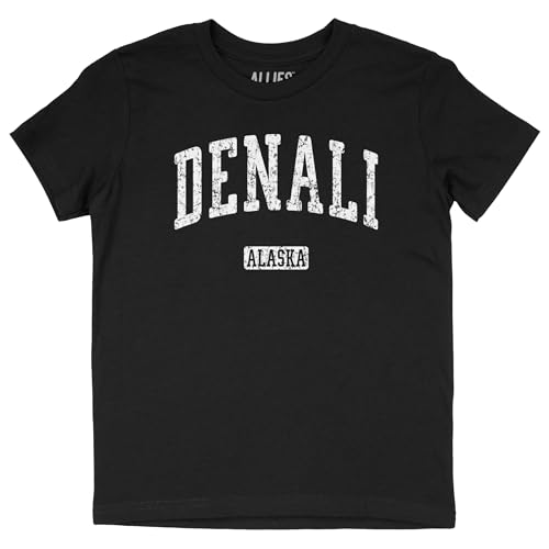 Denali Alaska Kids T-Shirt | Vintage Retro Mountain Design | Youth Tee | Travel Souvenir Gift - Black, Large