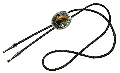 Image of Moranse Bolo Tie with Natural Tiger Eye Stone Celtic Style Genuine and Cowhide Rope